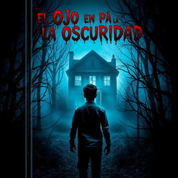 A chilling horror book cover for "El Ojo en la Oscuridad" featuring a dark, eerie forest at night