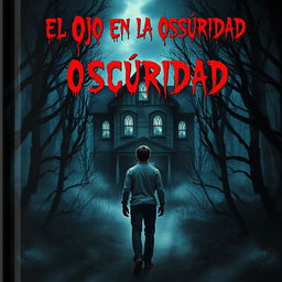 A chilling horror book cover for "El Ojo en la Oscuridad" featuring a dark, eerie forest at night