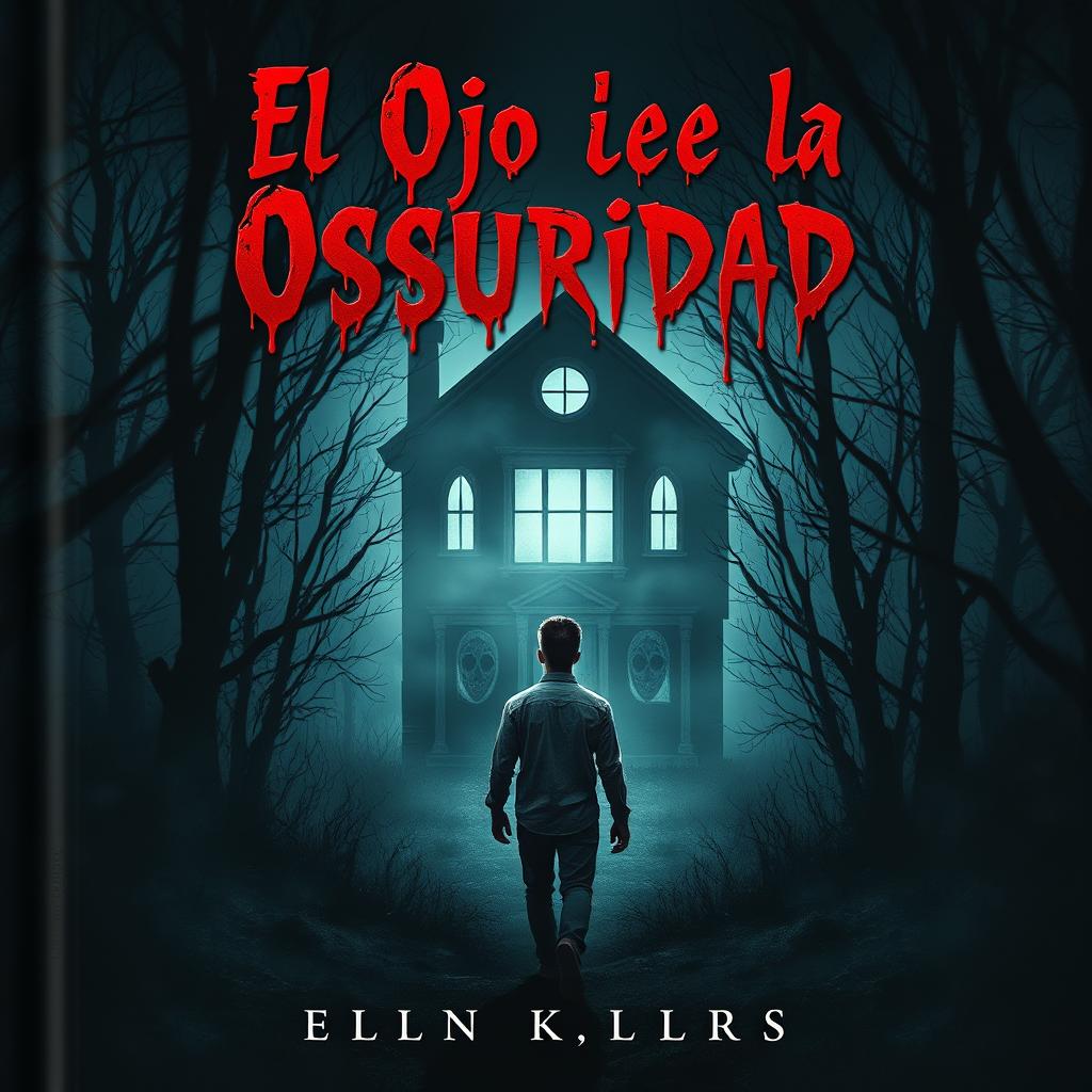 A chilling horror book cover for "El Ojo en la Oscuridad" featuring a dark, eerie forest at night