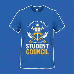 A stylish and trendy T-shirt design for a student council, featuring a modern logo with elements representing leadership, unity, and academic excellence