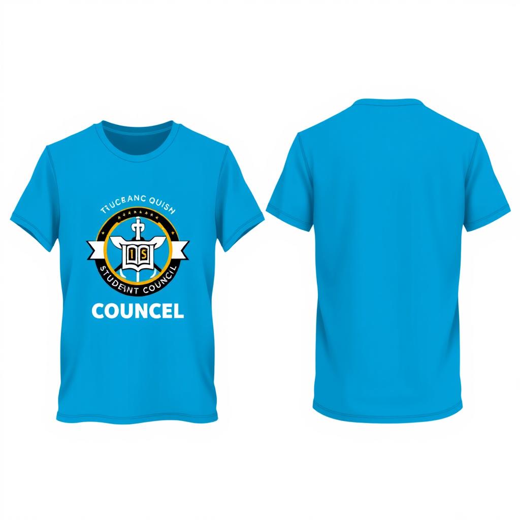 A stylish and trendy T-shirt design for a student council, featuring a modern logo with elements representing leadership, unity, and academic excellence