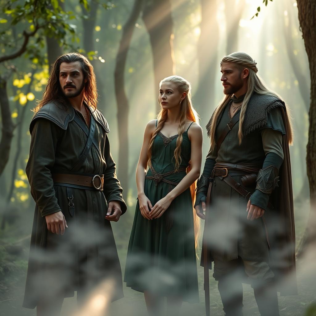 Aragorn, Legolas, and Haldir standing together in an enchanting forest