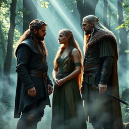 Aragorn, Legolas, and Haldir standing together in an enchanting forest