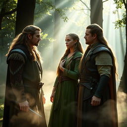 Aragorn, Legolas, and Haldir standing together in an enchanting forest