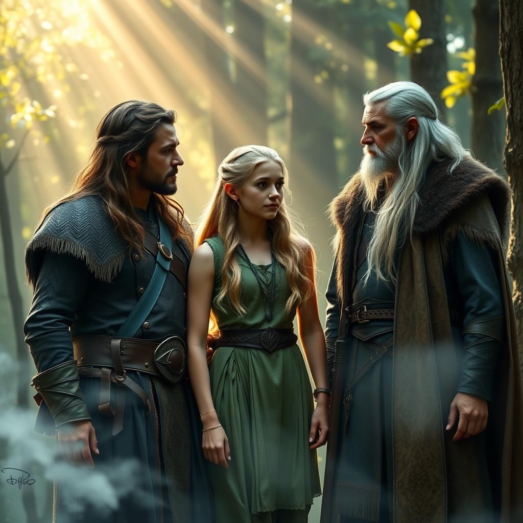 Aragorn, Legolas, and Haldir standing together in an enchanting forest