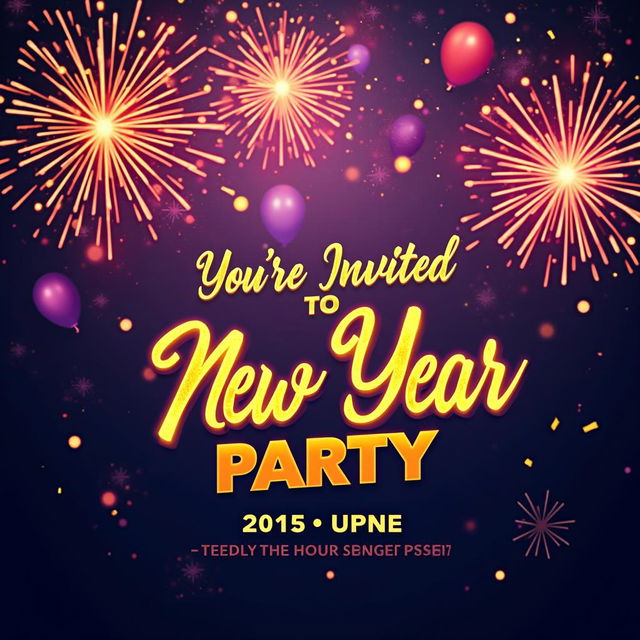 A thrilling and vibrant new year party invitation design featuring colorful fireworks and sparkling lights in the background