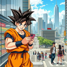 Son Goku from Dragon Ball, rendered in a realistic style, is going about daily life in a modern city