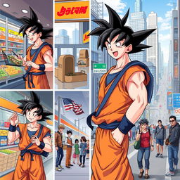 Son Goku from Dragon Ball, rendered in a realistic style, is going about daily life in a modern city