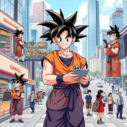 Son Goku from Dragon Ball, rendered in a realistic style, is going about daily life in a modern city