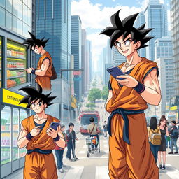 Son Goku from Dragon Ball, rendered in a realistic style, is going about daily life in a modern city