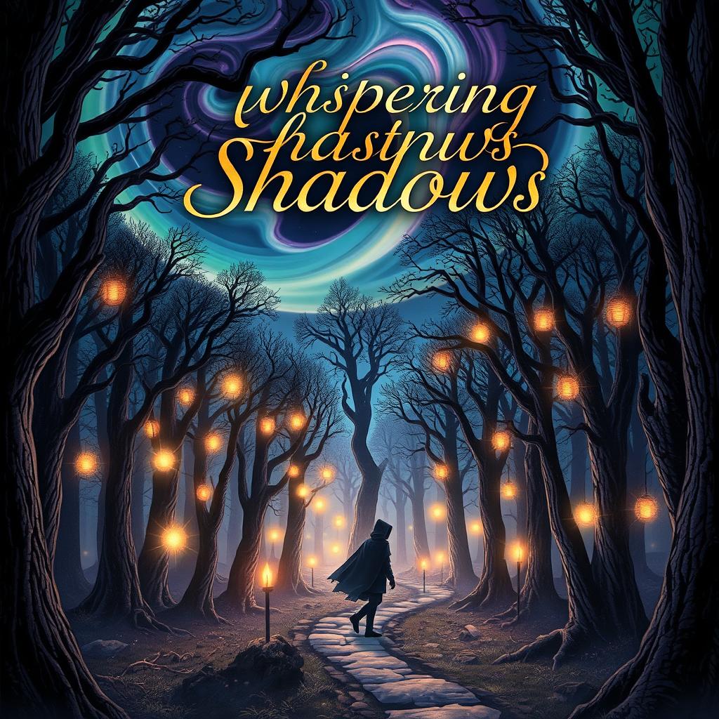 A beautifully designed cover for a fictional book titled "Whispering Shadows," featuring an intricate illustration of a mystical forest with ethereal, glowing lights filtering through dense, ancient trees