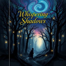 A beautifully designed cover for a fictional book titled "Whispering Shadows," featuring an intricate illustration of a mystical forest with ethereal, glowing lights filtering through dense, ancient trees