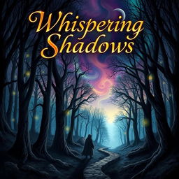 A beautifully designed cover for a fictional book titled "Whispering Shadows," featuring an intricate illustration of a mystical forest with ethereal, glowing lights filtering through dense, ancient trees