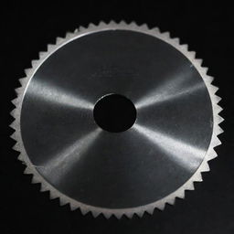 A shiny metallic saw blade, with razor-sharp teeth gleaming in the light, positioned against a black background for contrast.