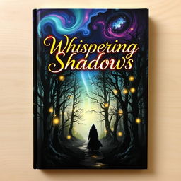 A beautifully designed cover for a fictional book titled "Whispering Shadows," featuring an intricate illustration of a mystical forest with ethereal, glowing lights filtering through dense, ancient trees