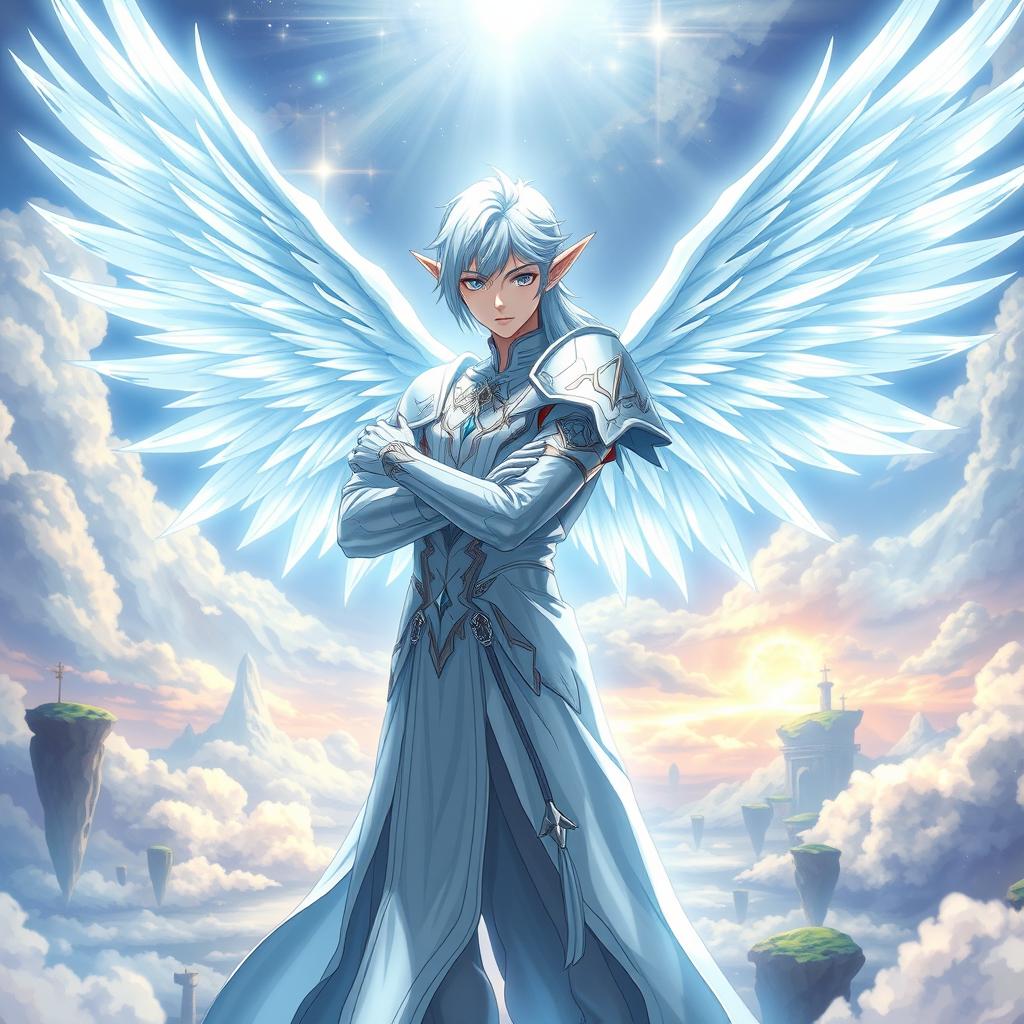 A mesmerizing depiction of Ichigo in his white bankai form, reimagined as a half-elf Aasimar