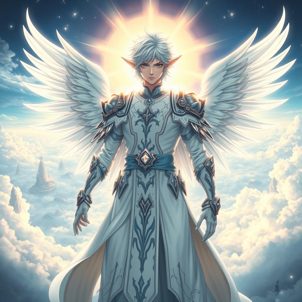 A mesmerizing depiction of Ichigo in his white bankai form, reimagined as a half-elf Aasimar