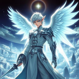 A mesmerizing depiction of Ichigo in his white bankai form, reimagined as a half-elf Aasimar