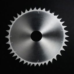 A shiny metallic saw blade, with razor-sharp teeth gleaming in the light, positioned against a black background for contrast.