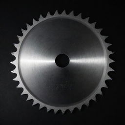 A shiny metallic saw blade, with razor-sharp teeth gleaming in the light, positioned against a black background for contrast.