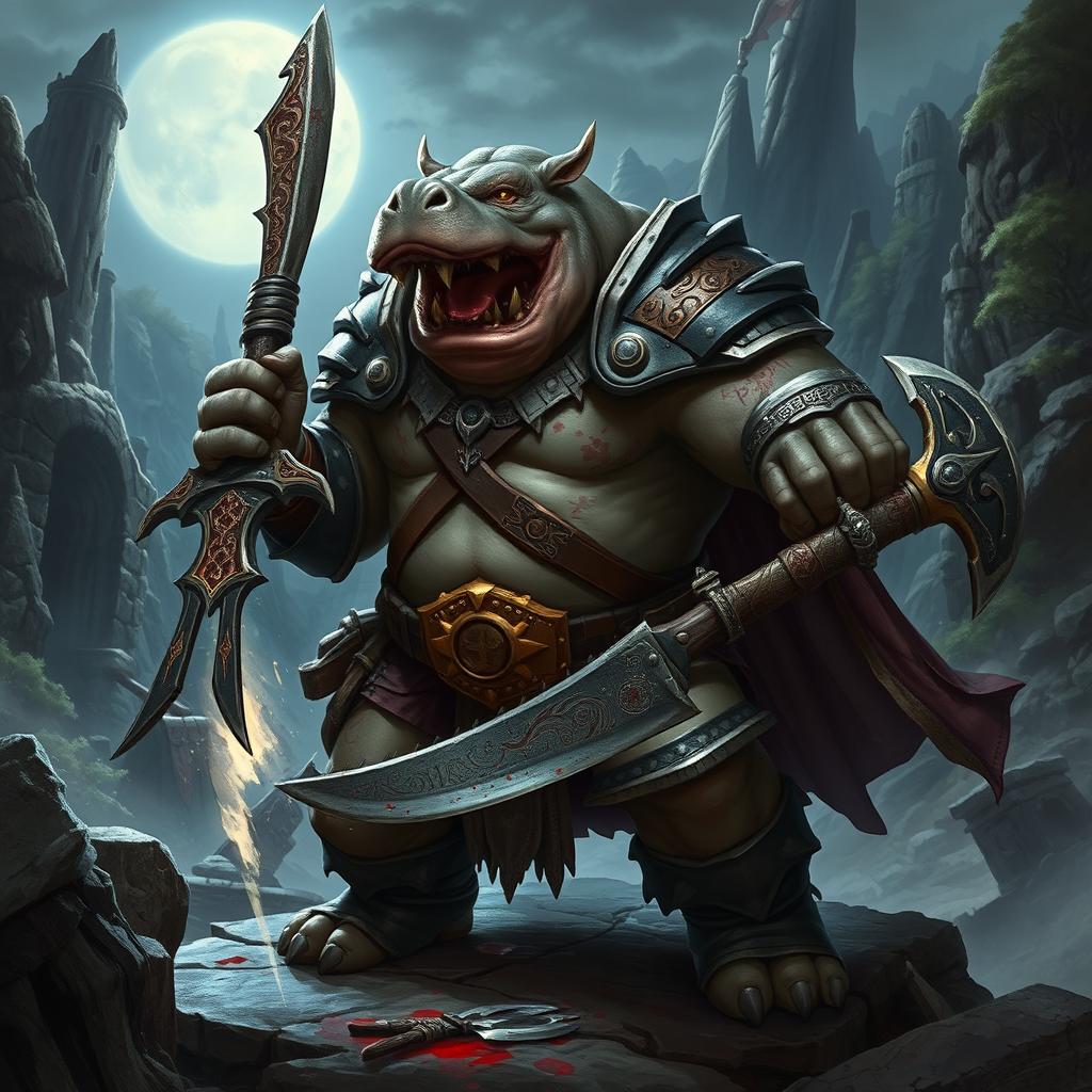 A fierce and battle-hardened Giff Blood Hunter Gladiator in the mystical setting of Phandelver