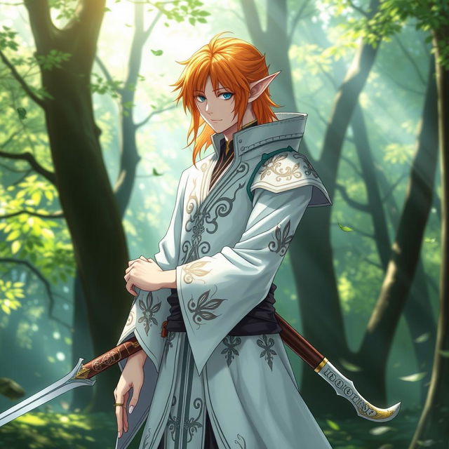 Ichigo Kurosaki in his iconic white bankai form, reimagined as a half-elf