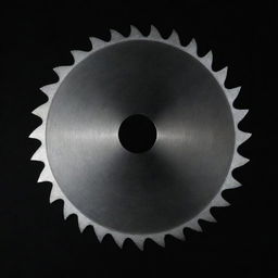 A shiny metallic saw blade, with razor-sharp teeth gleaming in the light, positioned against a black background for contrast.