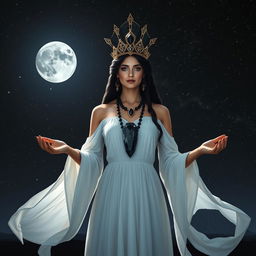 Luna, the Goddess of the Moon, radiates grace in a white-colored dress with flowing sleeves, embodying purity and celestial charm