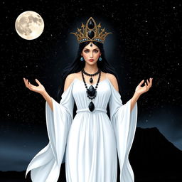 Luna, the Goddess of the Moon, radiates grace in a white-colored dress with flowing sleeves, embodying purity and celestial charm