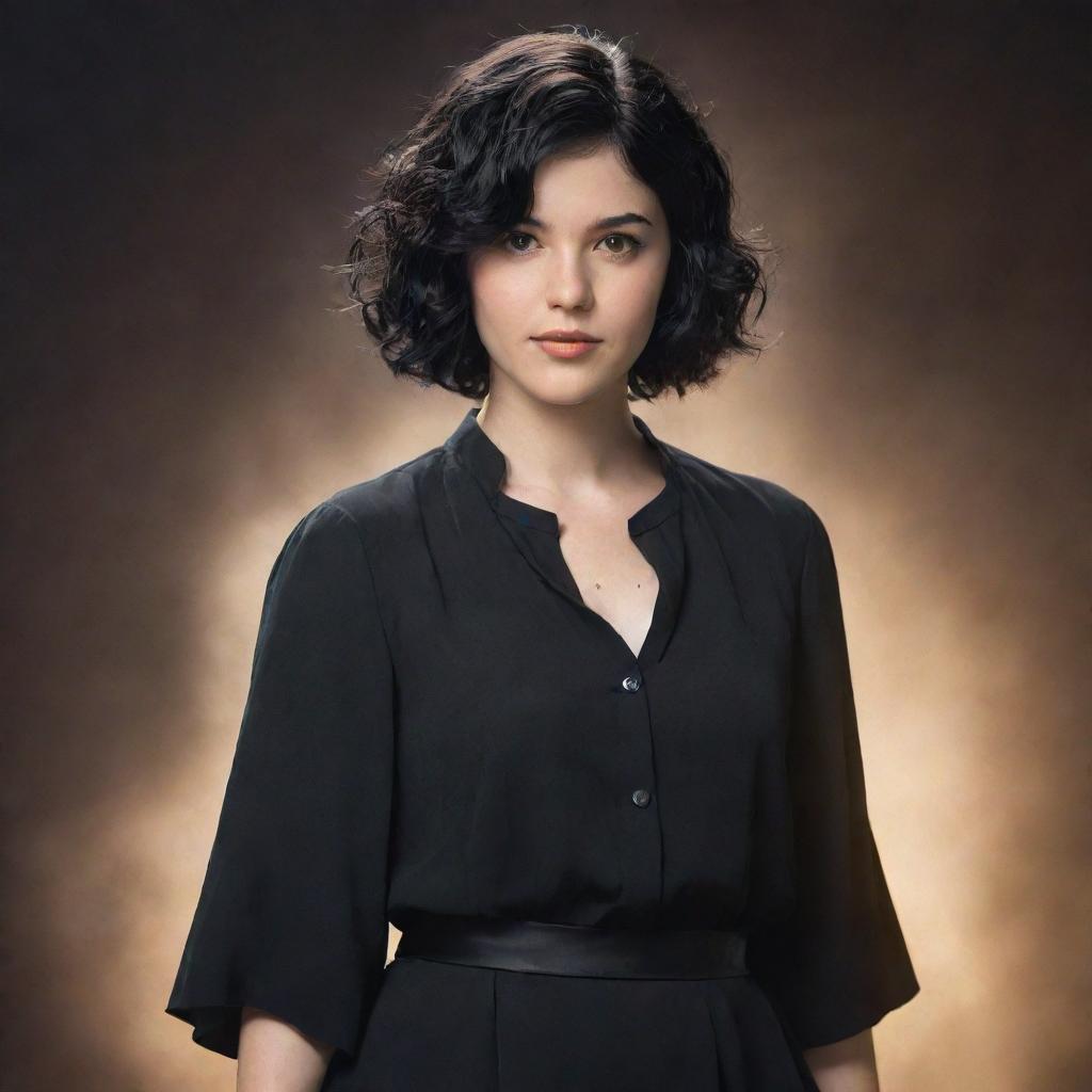 A young woman in her 24 with short, wavy, black hair dressed in an Arcane style, standing at ease with a confident aura.