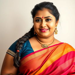 A confident and alluring Indian woman, with a plus-size figure, wearing a traditional colorful saree