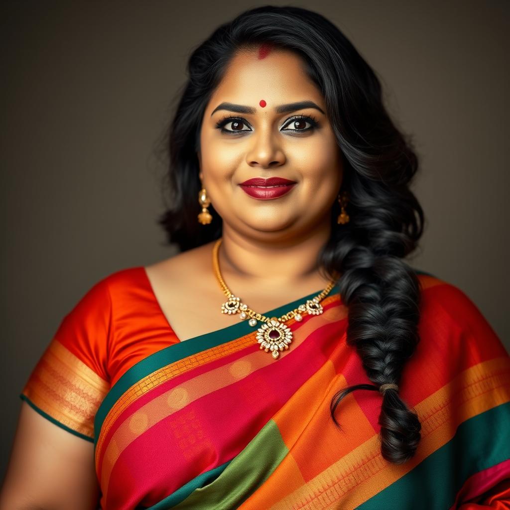 A confident and alluring Indian woman, with a plus-size figure, wearing a traditional colorful saree