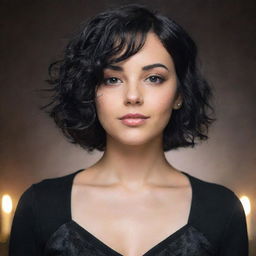 A young woman in her 24 with short, wavy, black hair dressed in an Arcane style, standing at ease with a confident aura.