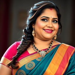 A confident and alluring Indian woman, with a plus-size figure, wearing a traditional colorful saree