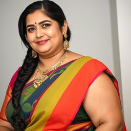 A confident and alluring Indian woman, with a plus-size figure, wearing a traditional colorful saree