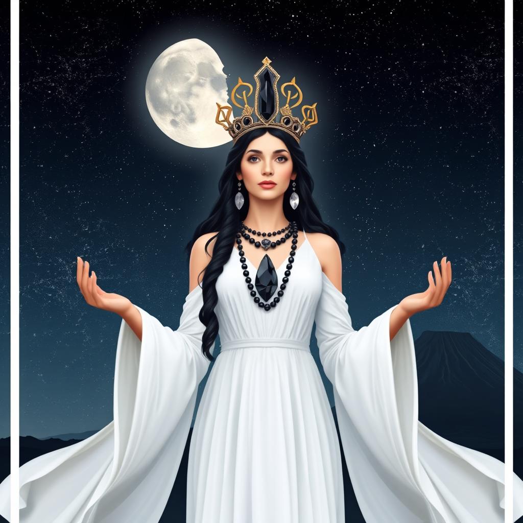 Luna, the Goddess of the Moon, radiates grace in a white-colored dress with flowing sleeves, embodying purity and celestial charm