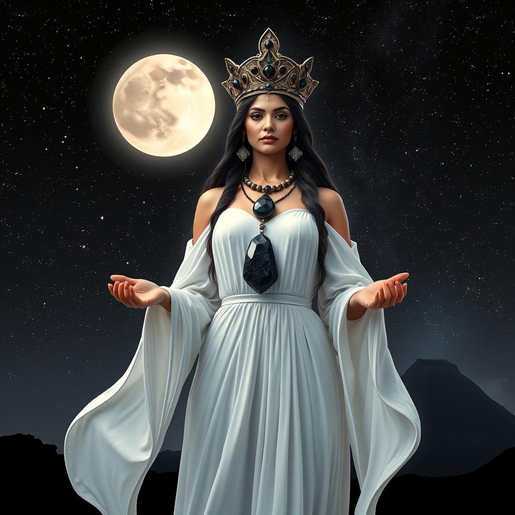 Luna, the Goddess of the Moon, radiates grace in a white-colored dress with flowing sleeves, embodying purity and celestial charm