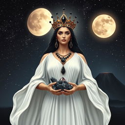 Luna, the Goddess of the Moon, radiates grace in a white-colored dress with flowing sleeves, embodying purity and celestial charm