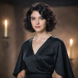 A young woman in her 24 with short, wavy, black hair dressed in an Arcane style, standing at ease with a confident aura.