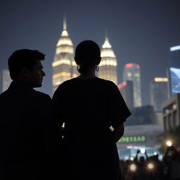 A woman in traditional, simple village attire stands with her back to the camera, facing the glittering skyscrapers of night-time Jakarta