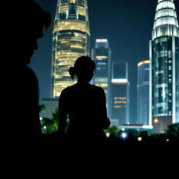 A woman in traditional, simple village attire stands with her back to the camera, facing the glittering skyscrapers of night-time Jakarta