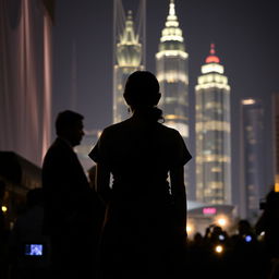 A woman in traditional, simple village attire stands with her back to the camera, facing the glittering skyscrapers of night-time Jakarta