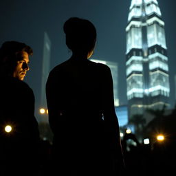 A woman in traditional, simple village attire stands with her back to the camera, facing the glittering skyscrapers of night-time Jakarta