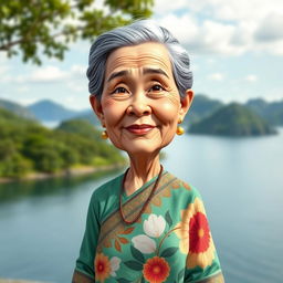 A caricatured 3D vector style portrait of a 50-year-old grandmother standing near Lake Toba