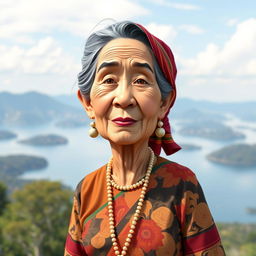 A caricatured 3D vector style portrait of a 50-year-old grandmother standing near Lake Toba