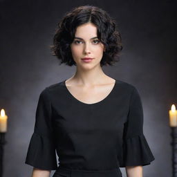 A young woman in her 24 with short, wavy, black hair dressed in an Arcane style, standing at ease with a confident aura.