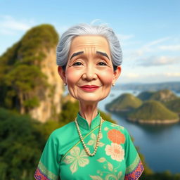 A caricatured 3D vector style portrait of a 50-year-old grandmother standing near Lake Toba