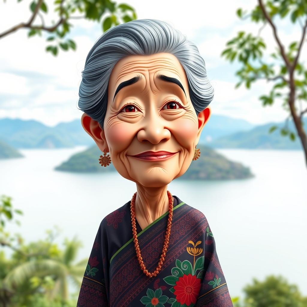 A caricatured 3D vector style portrait of a 50-year-old grandmother standing near Lake Toba