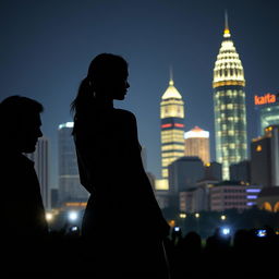 Jakarta city skyline at night with shimmering skyscrapers in the background