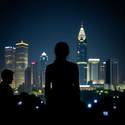 Jakarta city skyline at night with shimmering skyscrapers in the background